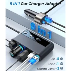 9 in 1 Cigarette Lighter Splitter, 210W Cigarette Lighter Adapter with PD/QC 3.0 * 2 Charge(3.3FT Cable), 12V/24V Independent Switches DC Cigarette Outlet Car Charger for All Car Devices