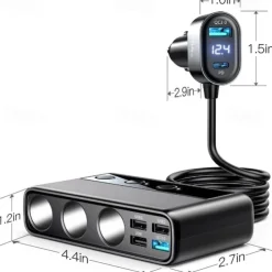 9 in 1 Cigarette Lighter Splitter, 210W Cigarette Lighter Adapter with PD/QC 3.0 * 2 Charge(3.3FT Cable), 12V/24V Independent Switches DC Cigarette Outlet Car Charger for All Car Devices
