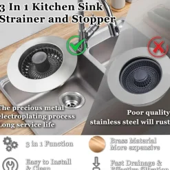 3 in 1 Kitchen Sink Stopper, Pop Up Kitchen Sink Drain Strainer, with An Extra Basket Strainer, Kitchen Sink Drain Stopper for US Standard 3-1/2 Inch, Brass Material Electroplate Silver