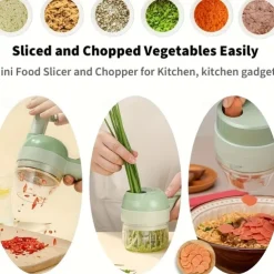 4 In 1 Vegetable Chopper Handheld Electric Vegetable Cutter Set Portable Wireless Garlic Mud Masher Garlic Press & Slicer Set Multifunctional Electric Mini Food Processor With Brush For Ginger Pepper