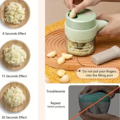 4 In 1 Vegetable Chopper Handheld Electric Vegetable Cutter Set Portable Wireless Garlic Mud Masher Garlic Press & Slicer Set Multifunctional Electric Mini Food Processor With Brush For Ginger Pepper