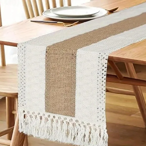 70 In Long Boho Table Runner For Home Decor Farmhouse Rustic Table Runner Cream & Brown Macrame Table Runner With Tassels For Boho Dining Bedroom for Restaurant