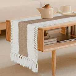 70 In Long Boho Table Runner For Home Decor Farmhouse Rustic Table Runner Cream & Brown Macrame Table Runner With Tassels For Boho Dining Bedroom for Restaurant