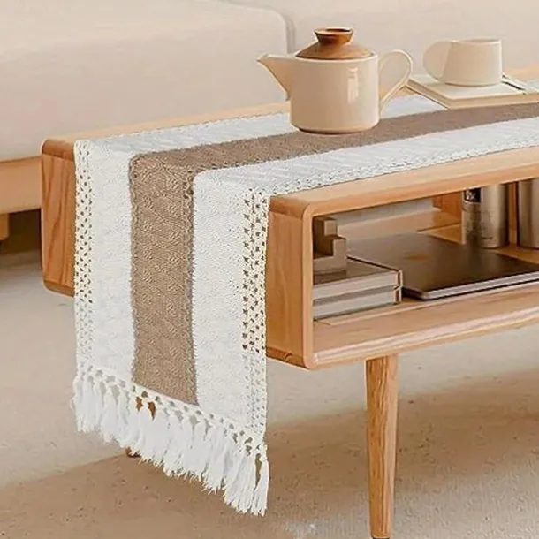 70 In Long Boho Table Runner For Home Decor Farmhouse Rustic Table Runner Cream & Brown Macrame Table Runner With Tassels For Boho Dining Bedroom for Restaurant