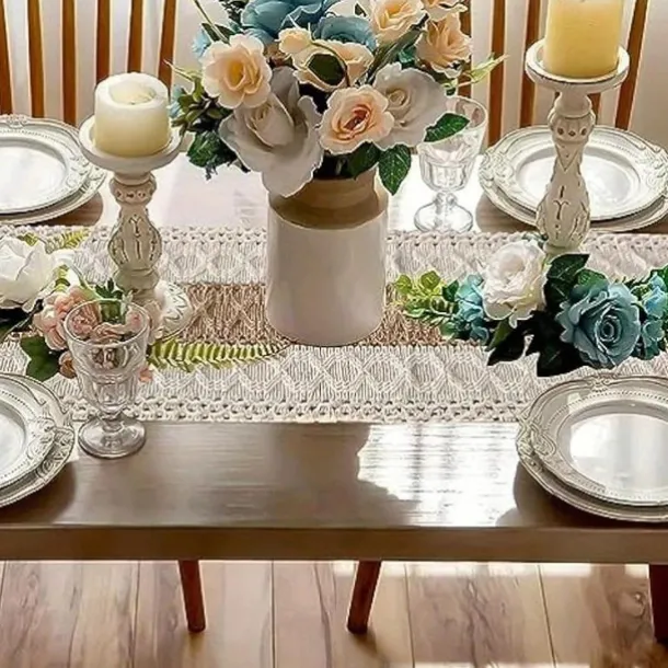 70 In Long Boho Table Runner For Home Decor Farmhouse Rustic Table Runner Cream & Brown Macrame Table Runner With Tassels For Boho Dining Bedroom for Restaurant