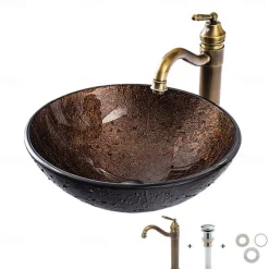 16.5 inch Bathroom Vessel Sink with Faucet Vintage Brass, Antique Tempered Glass Basin with Pop-Up Drain, Countertop Artistic Round Basin Bowl Set, Above Counter Vanity Sink