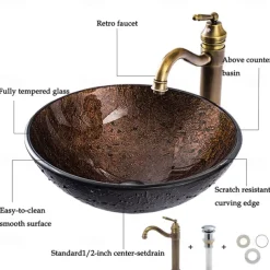 16.5 inch Bathroom Vessel Sink with Faucet Vintage Brass, Antique Tempered Glass Basin with Pop-Up Drain, Countertop Artistic Round Basin Bowl Set, Above Counter Vanity Sink