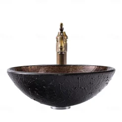 16.5 inch Bathroom Vessel Sink with Faucet Vintage Brass, Antique Tempered Glass Basin with Pop-Up Drain, Countertop Artistic Round Basin Bowl Set, Above Counter Vanity Sink