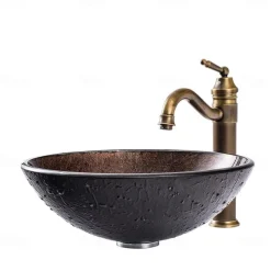 16.5 inch Bathroom Vessel Sink with Faucet Vintage Brass, Antique Tempered Glass Basin with Pop-Up Drain, Countertop Artistic Round Basin Bowl Set, Above Counter Vanity Sink