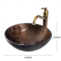 16.5 inch Bathroom Vessel Sink with Faucet Vintage Brass, Antique Tempered Glass Basin with Pop-Up Drain, Countertop Artistic Round Basin Bowl Set, Above Counter Vanity Sink