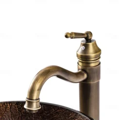 16.5 inch Bathroom Vessel Sink with Faucet Vintage Brass, Antique Tempered Glass Basin with Pop-Up Drain, Countertop Artistic Round Basin Bowl Set, Above Counter Vanity Sink