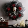 15 Inch Halloween Wreath, Red Rose Skull Mesh Wreath for Indoor Wall and Front Door, Wall & Door Hanging Decoration, Home Party Decor