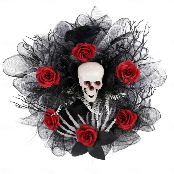 15 Inch Halloween Wreath, Red Rose Skull Mesh Wreath for Indoor Wall and Front Door, Wall & Door Hanging Decoration, Home Party Decor