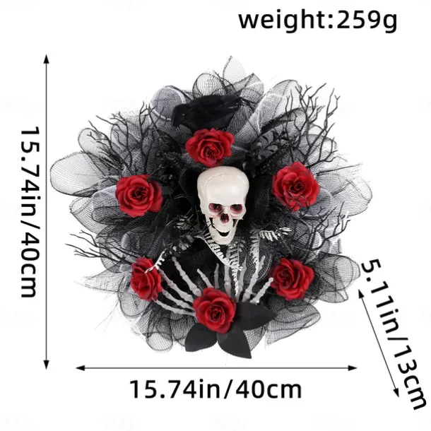 15 Inch Halloween Wreath, Red Rose Skull Mesh Wreath for Indoor Wall and Front Door, Wall & Door Hanging Decoration, Home Party Decor