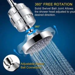 4/6 inch Rainfall Shower Head Set, 5 Mode Sprayer Showerhead with Water Filter, 360-degree Rotation High Pressure Overhead Shower Head Arm Chrome Black Silver