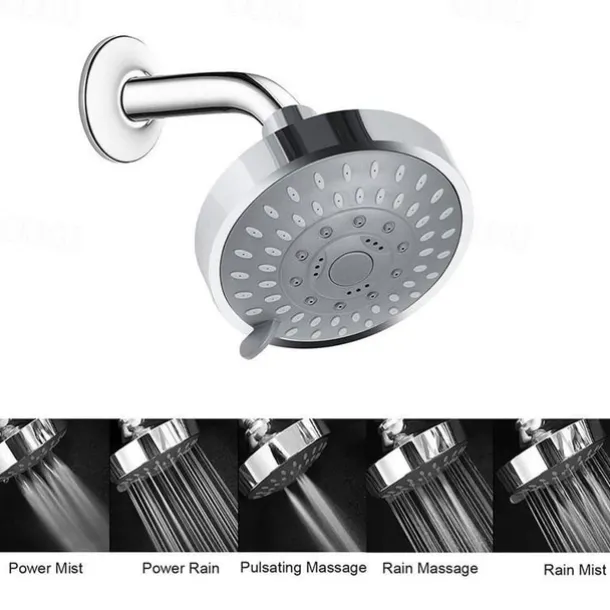 4 inch Rainfall Shower Head 5 Mode Sprayer Showerhead ABS, 360-degree Rotation High Pressure Overhead Shower Head Black Silver
