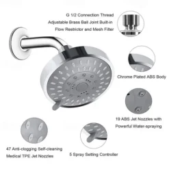4 inch Rainfall Shower Head 5 Mode Sprayer Showerhead ABS, 360-degree Rotation High Pressure Overhead Shower Head Black Silver