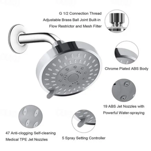 4 inch Rainfall Shower Head 5 Mode Sprayer Showerhead ABS, 360-degree Rotation High Pressure Overhead Shower Head Black Silver