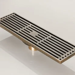 12 Inch Rectangular Linear Shower Drain Bath Floor with Brick Pattern Grate, Brushed Brass Bathroom Floor Drain, Shower Floor Drain Includes Hair Strainer