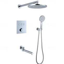 10 Inch Round Shower Faucets Sets,3-Function Matte Black / Chrome Complete with Brass Shower Head and Solid Brass Handshower Mount Inside Rainfall Shower Head System