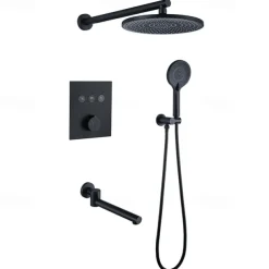 10 Inch Round Shower Faucets Sets,3-Function Matte Black / Chrome Complete with Brass Shower Head and Solid Brass Handshower Mount Inside Rainfall Shower Head System