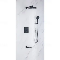 10 Inch Round Shower Faucets Sets,3-Function Matte Black / Chrome Complete with Brass Shower Head and Solid Brass Handshower Mount Inside Rainfall Shower Head System