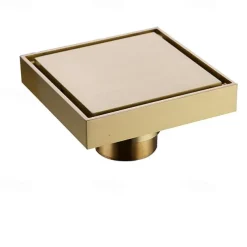 4 inch Shower Floor Drain Square, Removable Brass Flange Reversible 2-in-1 Cover Tile Insert Grate, Hair Catcher Strainer Black Chrome Golden