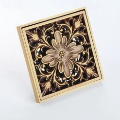 4 inch Shower Floor Drain Square Traditional 100 x 100mm, Antique Brass Removable Brass Bathroom Drain Sanitation Insert Grate, Hair Catcher Strainer