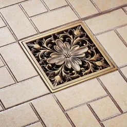 4 inch Shower Floor Drain Square Traditional 100 x 100mm, Antique Brass Removable Brass Bathroom Drain Sanitation Insert Grate, Hair Catcher Strainer