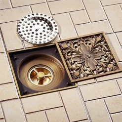 4 inch Shower Floor Drain Square Traditional 100 x 100mm, Antique Brass Removable Brass Bathroom Drain Sanitation Insert Grate, Hair Catcher Strainer