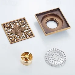 4 inch Shower Floor Drain Square Traditional 100 x 100mm, Antique Brass Removable Brass Bathroom Drain Sanitation Insert Grate, Hair Catcher Strainer
