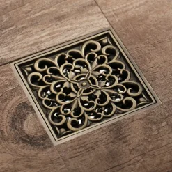 4 inch Shower Floor Drain Square, Removable Brass Insert Grate, Hair Catcher Strainer Black Chrome Golden