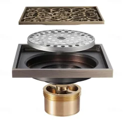 4 inch Shower Floor Drain Square, Removable Brass Insert Grate, Hair Catcher Strainer Black Chrome Golden
