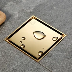 4 inch Square Shower Floor Drain, Removable Brass Flange Reversible Double Cover Tile Insert Grate, Hair Catcher Strainer Black Chrome Golden