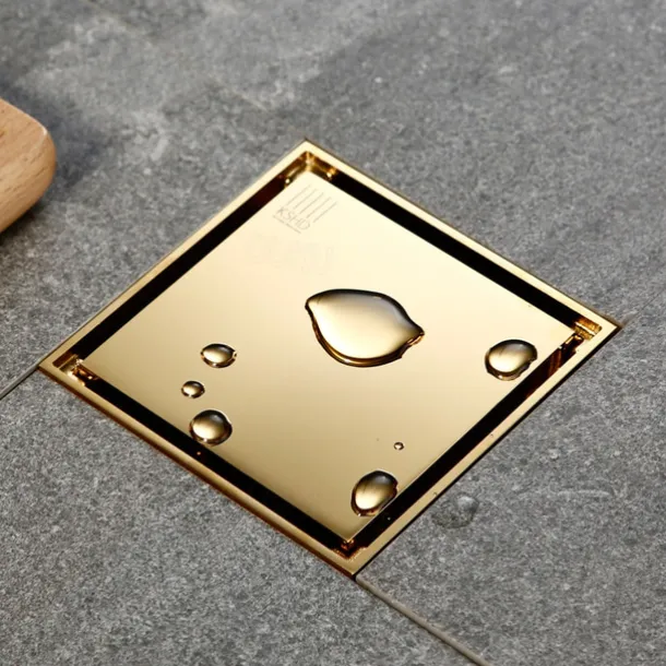 4 inch Square Shower Floor Drain, Removable Brass Flange Reversible Double Cover Tile Insert Grate, Hair Catcher Strainer Black Chrome Golden