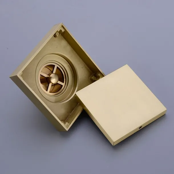4 inch Square Shower Floor Drain, Removable Brass Flange Reversible Double Cover Tile Insert Grate, Hair Catcher Strainer Black Chrome Golden