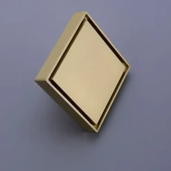 4 inch Square Shower Floor Drain, Removable Brass Flange Reversible Double Cover Tile Insert Grate, Hair Catcher Strainer Black Chrome Golden