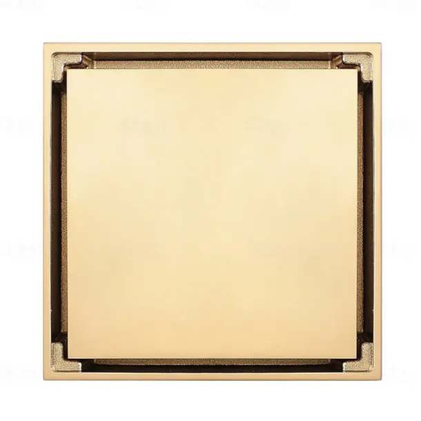 4 inch Square Shower Floor Drain, Removable Brass Flange Reversible Double Cover Tile Insert Grate, Hair Catcher Strainer Black Chrome Golden
