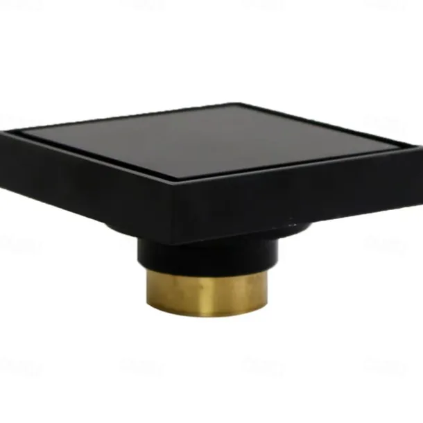 4 inch Square Shower Floor Drain, Removable Brass Flange Reversible Double Cover Tile Insert Grate, Hair Catcher Strainer Black Chrome Golden