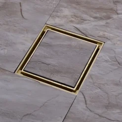 4 inch Square Shower Floor Drain, Removable Brass Flange Reversible Double Cover Tile Insert Grate, Hair Catcher Strainer Black Chrome Golden