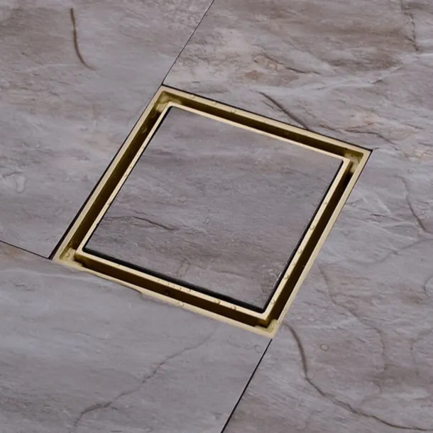 4 inch Square Shower Floor Drain, Removable Brass Flange Reversible Double Cover Tile Insert Grate, Hair Catcher Strainer Black Chrome Golden