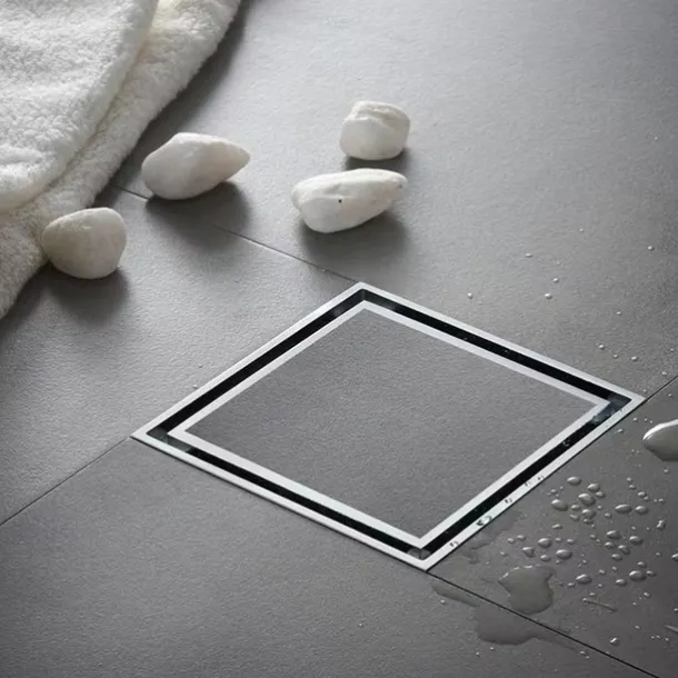 4 inch Square Shower Floor Drain, Removable Brass Flange Reversible Double Cover Tile Insert Grate, Hair Catcher Strainer Black Chrome Golden