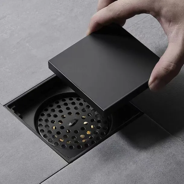 4 inch Square Shower Floor Drain, Removable Brass Flange Reversible Double Cover Tile Insert Grate, Hair Catcher Strainer Black Chrome Golden