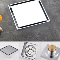 4 inch Square Shower Floor Drain, Removable Brass Flange Reversible Double Cover Tile Insert Grate, Hair Catcher Strainer Black Chrome Golden