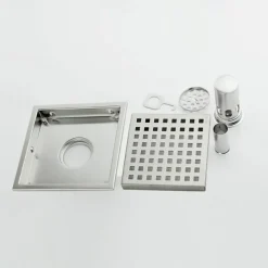 6 inch Square Shower Floor Drain Set, Removable Stainless Steel Cover Tile Insert Grate, Hair Catcher Strainer with Seal and Lifting Hook Bathroom