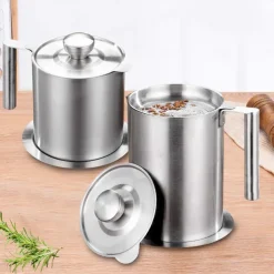 1.2 L/1.7L Stainless Steel Grease Strainer and Container - Large Oil Storage Pot Grease Keeper with Dust-Proof Lid & Easy Grip Handle - for Bacon, Kitchen Cooking or Frying Oil