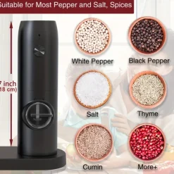 1 or 2-pack rechargeable electric pepper & salt grinders. 2-pack includes charging base. Rechargeable Electric Pepper and Salt Grinder, Auto operation, LED light, adjustable grind, USB charging. Black