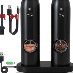 1 or 2-pack rechargeable electric pepper & salt grinders. 2-pack includes charging base. Rechargeable Electric Pepper and Salt Grinder, Auto operation, LED light, adjustable grind, USB charging. Black
