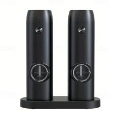 1 or 2-pack rechargeable electric pepper & salt grinders. 2-pack includes charging base. Rechargeable Electric Pepper and Salt Grinder, Auto operation, LED light, adjustable grind, USB charging. Black