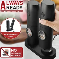 1 or 2-pack rechargeable electric pepper & salt grinders. 2-pack includes charging base. Rechargeable Electric Pepper and Salt Grinder, Auto operation, LED light, adjustable grind, USB charging. Black